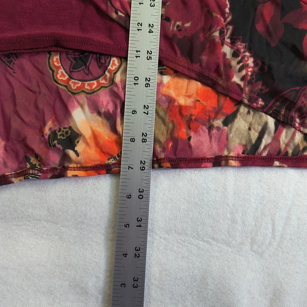 Chico's Asymmetrical Tunic Top Red Floral Chiffon Hem‎ 3/4 Sleeve Blouse Size M